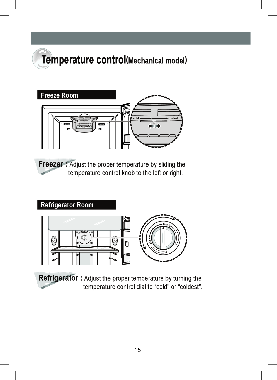 Samsung RT41M, RT45M, RT41E manual Temperature controlMechanical model, Freeze Room, Refrigerator Room 
