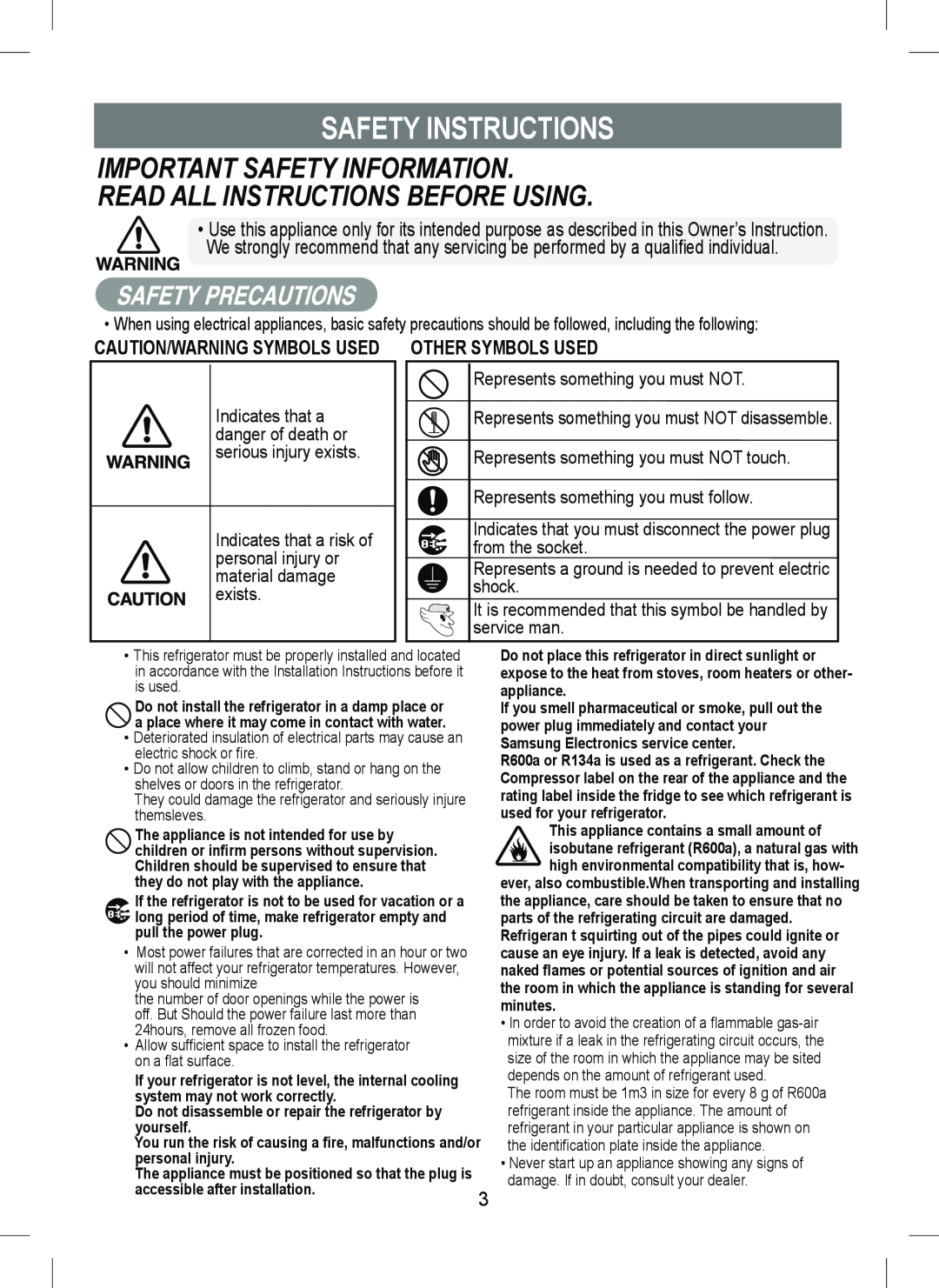 Samsung RT41M, RT45M, RT41E manual Safety Instructions, Important Safety Information Read All Instructions Before Using 