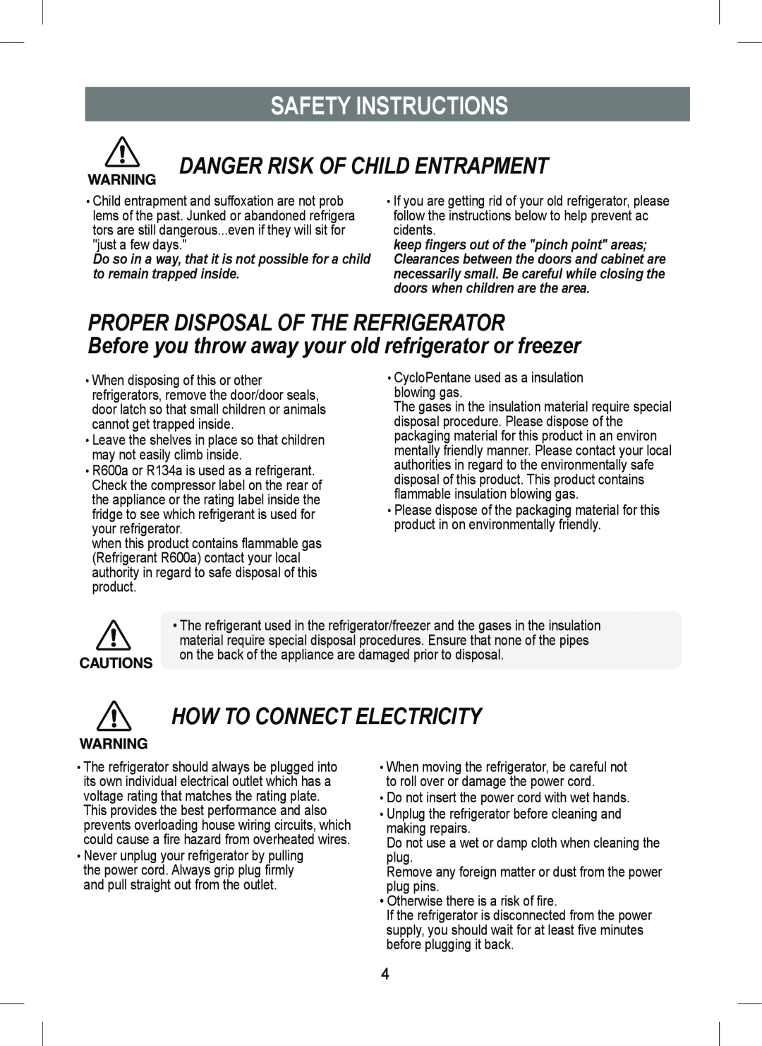 Samsung RT45M, RT41M Danger Risk Of Child Entrapment, Proper Disposal Of The Refrigerator, How To Connect Electricity 