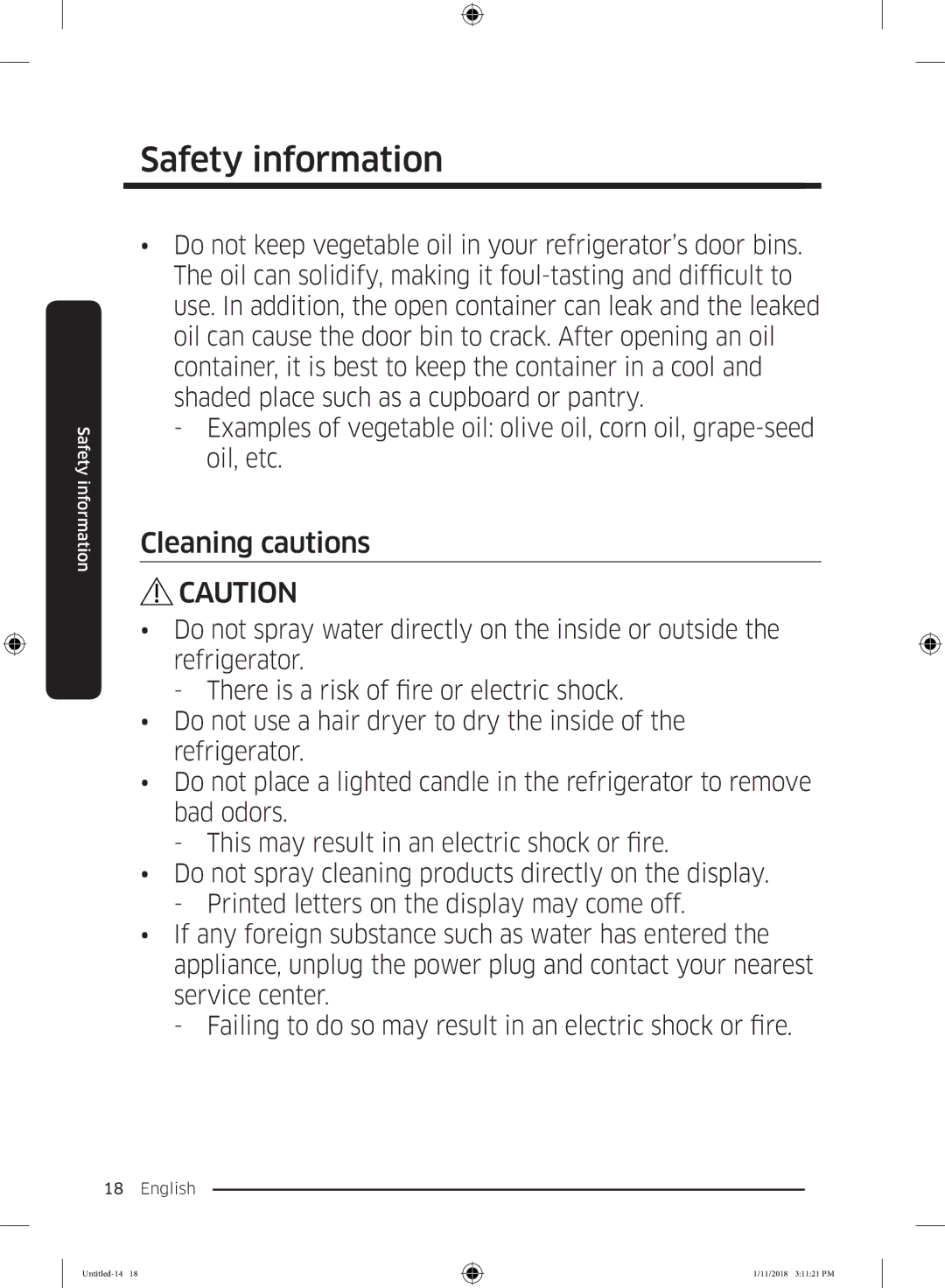 Samsung RT53K6330WW/ML, RT46K6330WW/ML, RT53K6000S8/ML, RT46K6330SP/ML, RT50K6330WW/ML, RT50K6330SP/ML manual Cleaning cautions 