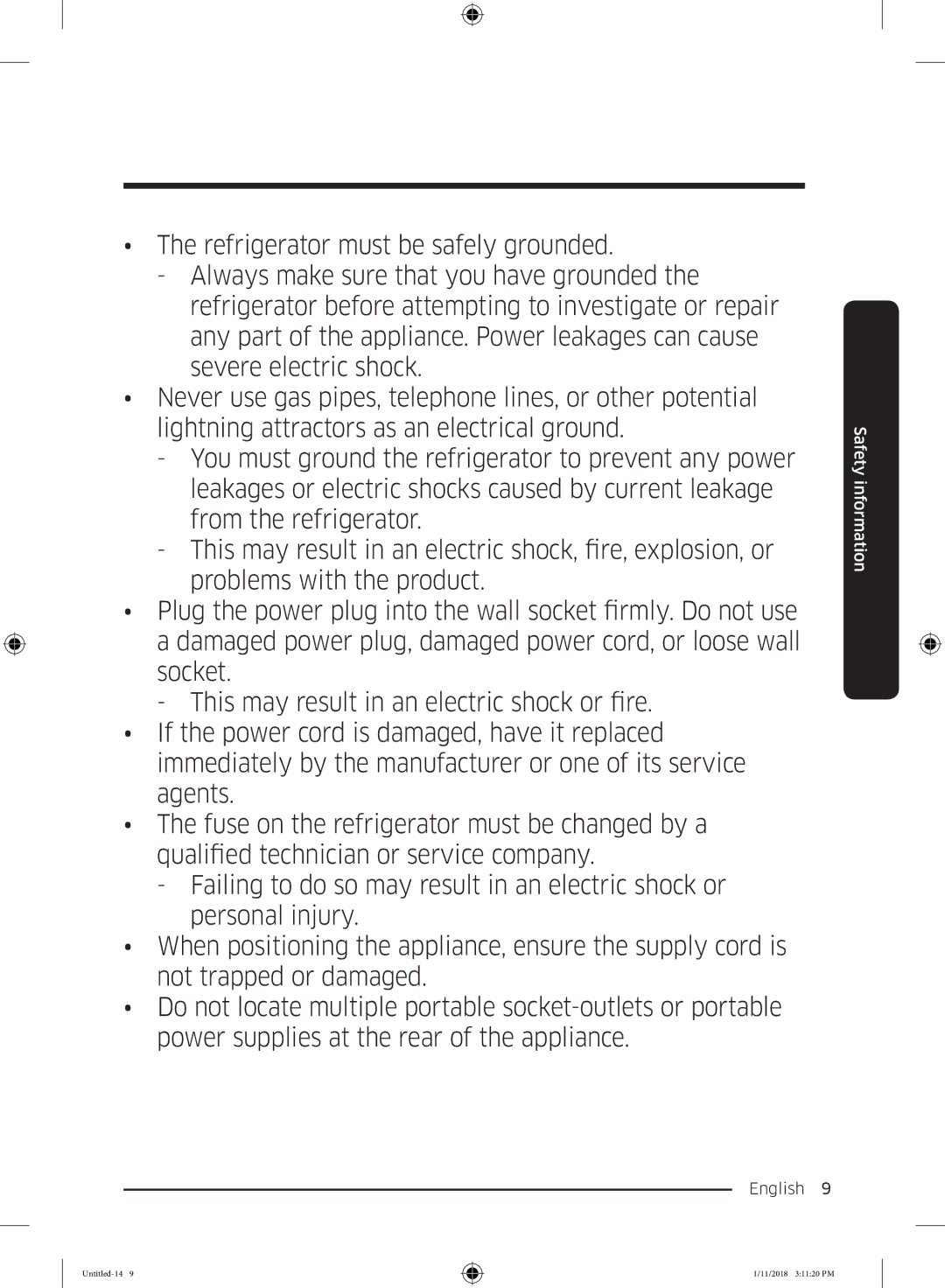 Samsung RT53K6000S8/ML, RT46K6330WW/ML, RT53K6330WW/ML, RT46K6330SP/ML, RT50K6330WW/ML, RT50K6330SP/ML manual Safety information 