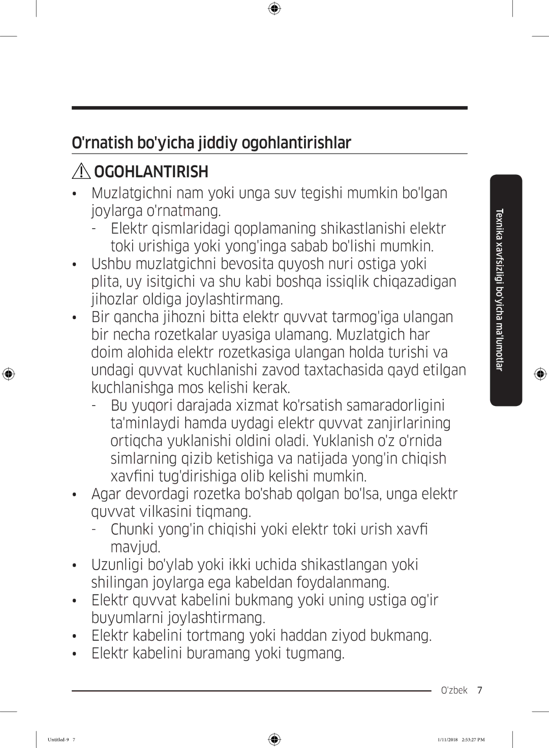 Samsung RT53K6340UT/WT, RT46K6360EF/WT, RT43K6000EF/WT, RT46K6360SL/WT manual Ornatish boyicha jiddiy ogohlantirishlar 