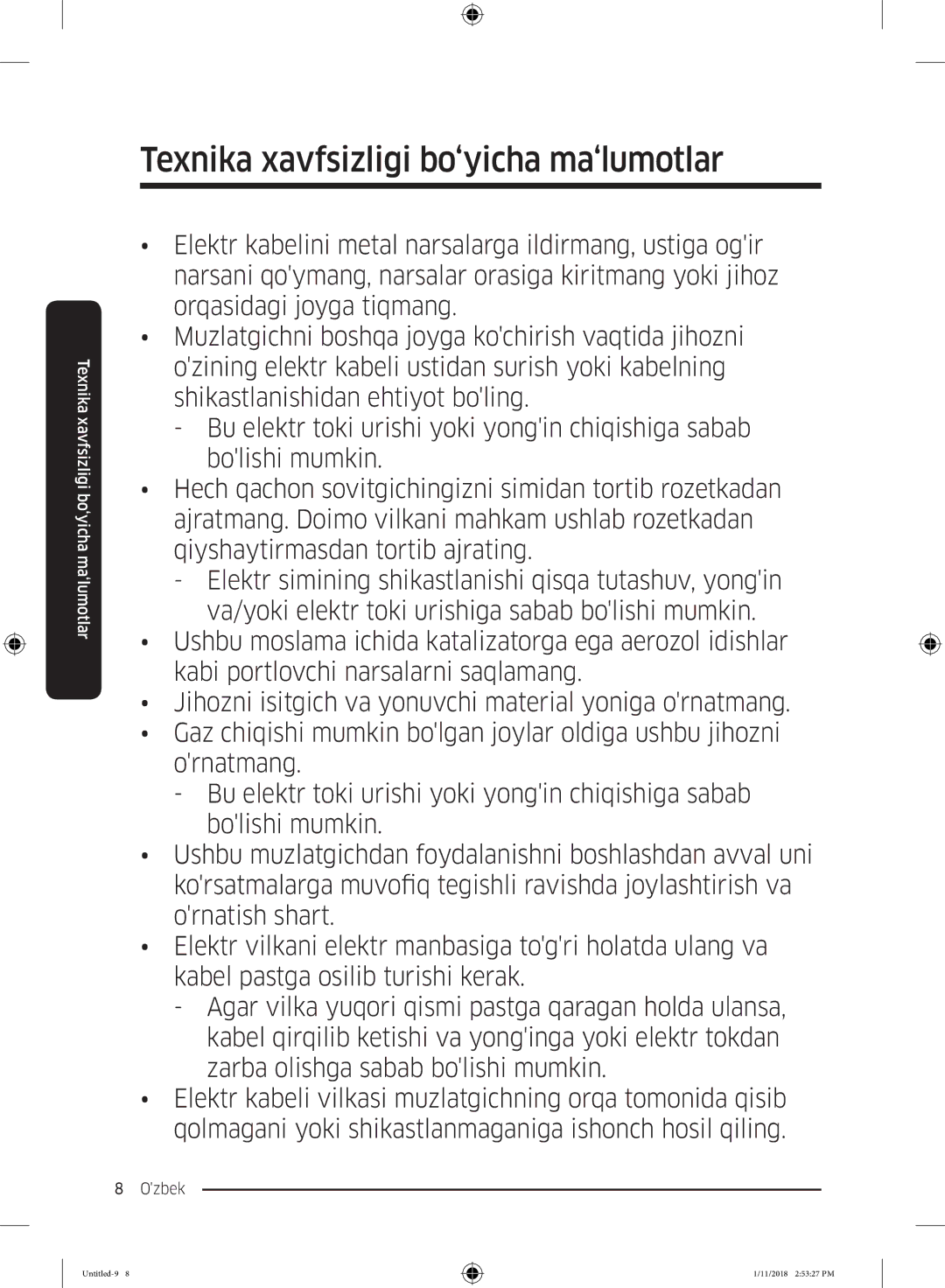 Samsung RT43K6000EF/WT, RT46K6360EF/WT, RT53K6340UT/WT, RT46K6360SL/WT manual Texnika xavfsizligi bo‘yicha ma‘lumotlar 