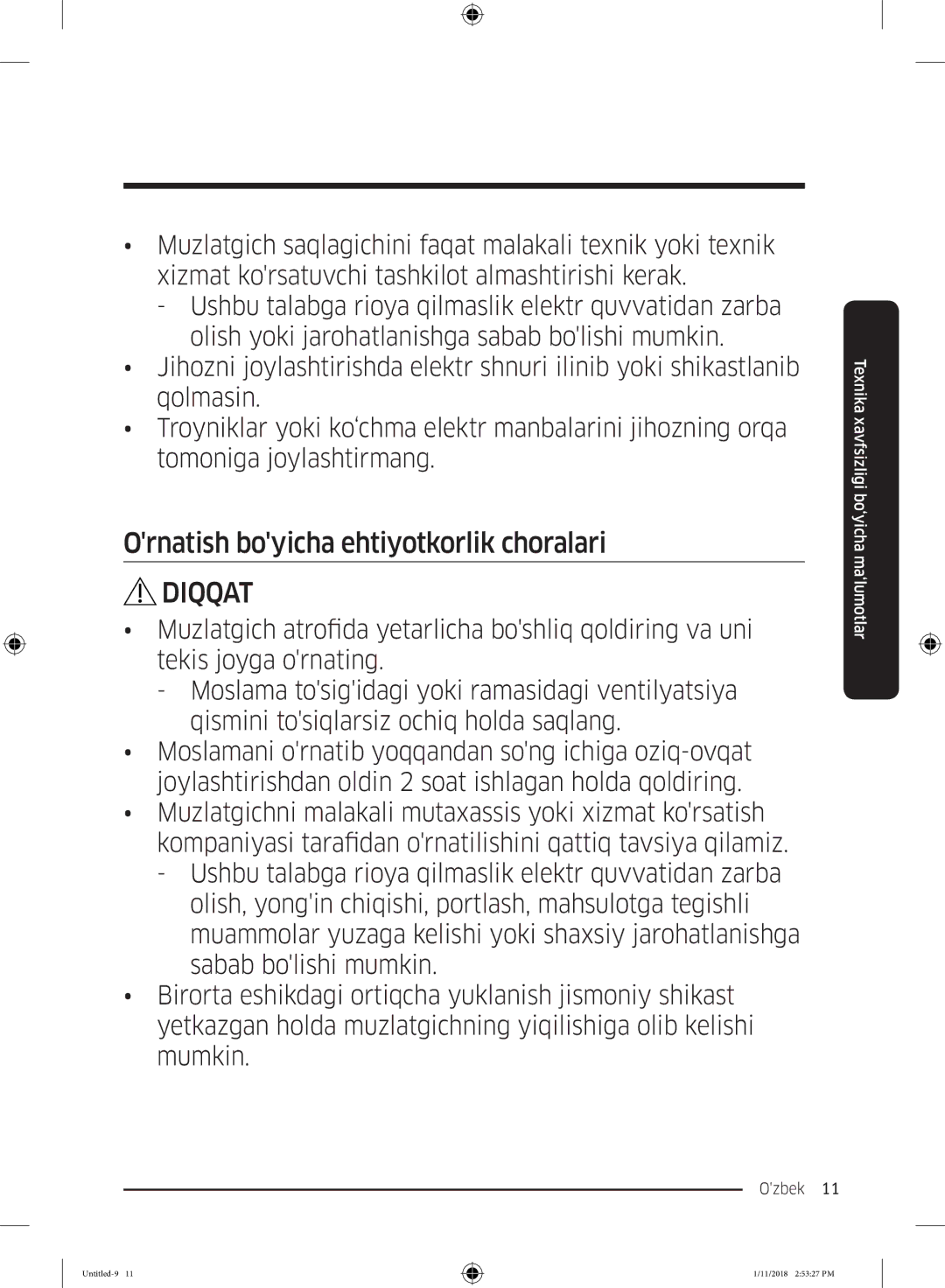 Samsung RT53K6340SL/WT, RT46K6360EF/WT, RT53K6340UT/WT, RT43K6000EF/WT manual Ornatish boyicha ehtiyotkorlik choralari 