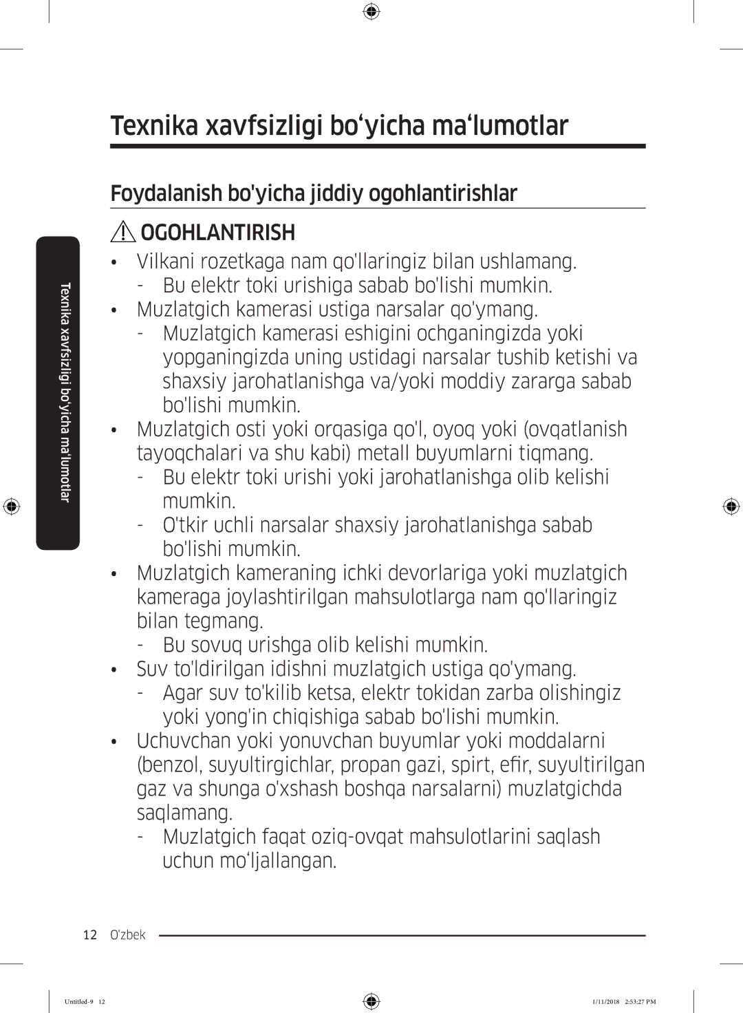 Samsung RT46K6360EF/WT, RT53K6340UT/WT, RT43K6000EF/WT, RT46K6360SL/WT manual Foydalanish boyicha jiddiy ogohlantirishlar 