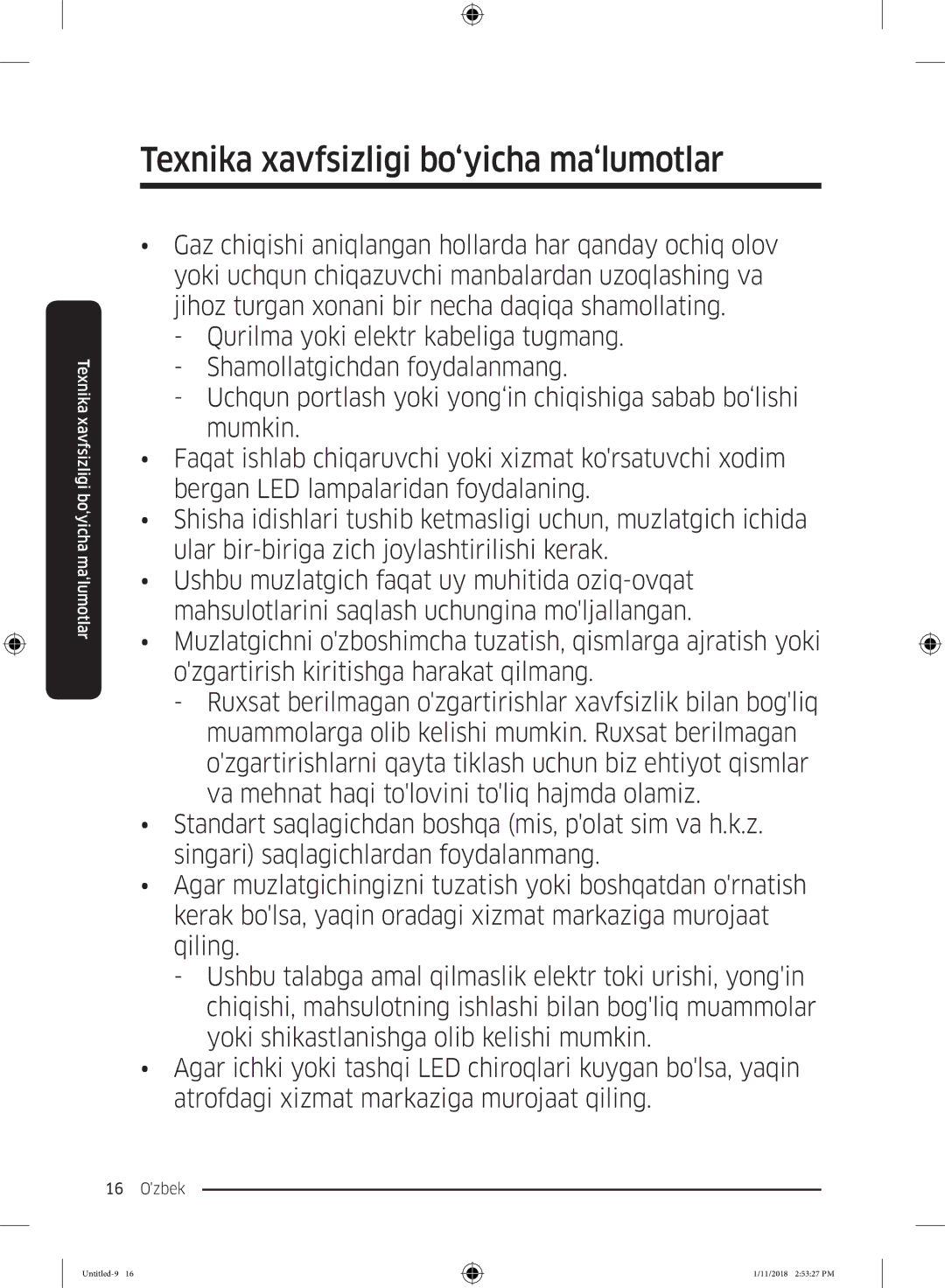 Samsung RT43K6360WW/WT, RT46K6360EF/WT, RT53K6340UT/WT, RT43K6000EF/WT manual Texnika xavfsizligi bo‘yicha ma‘lumotlar 