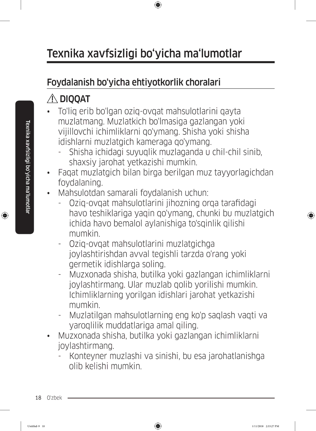 Samsung RT46K6360EF/WT, RT53K6340UT/WT, RT43K6000EF/WT, RT46K6360SL/WT manual Foydalanish boyicha ehtiyotkorlik choralari 