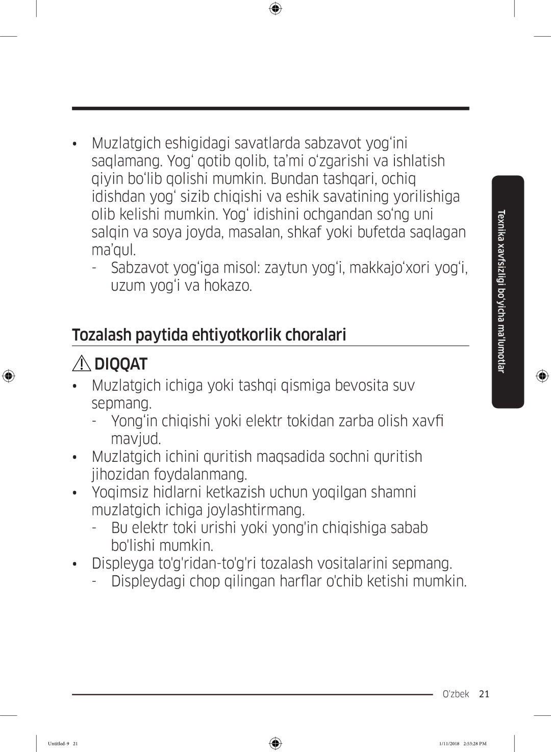 Samsung RT46K6360SL/WT, RT46K6360EF/WT, RT53K6340UT/WT, RT43K6000EF/WT manual Tozalash paytida ehtiyotkorlik choralari 