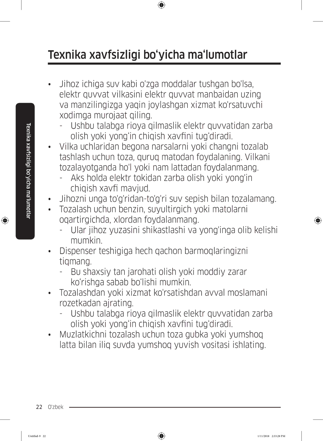 Samsung RT43K6360WW/WT, RT46K6360EF/WT, RT53K6340UT/WT, RT43K6000EF/WT manual Texnika xavfsizligi bo‘yicha ma‘lumotlar 