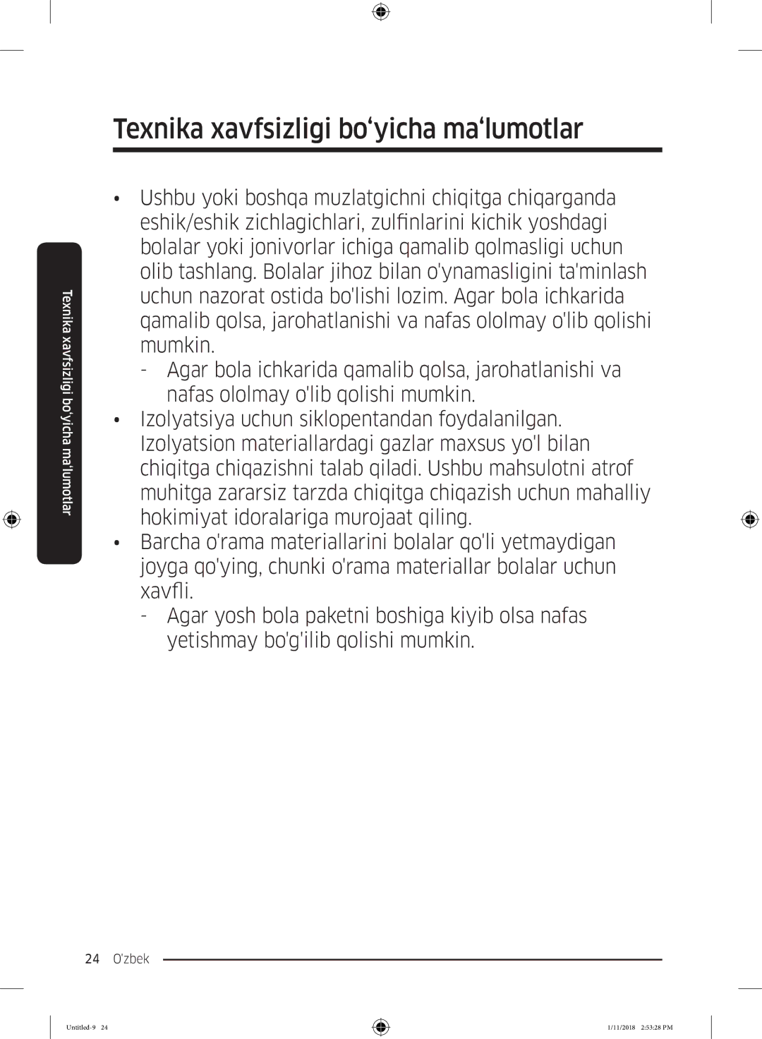 Samsung RT46K6360EF/WT, RT53K6340UT/WT, RT43K6000EF/WT, RT46K6360SL/WT manual Texnika xavfsizligi bo‘yicha ma‘lumotlar 