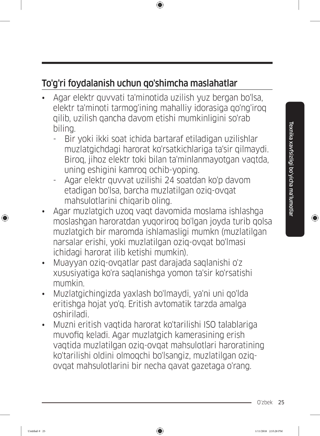 Samsung RT53K6340UT/WT, RT46K6360EF/WT, RT43K6000EF/WT, RT46K6360SL/WT manual Togri foydalanish uchun qoshimcha maslahatlar 