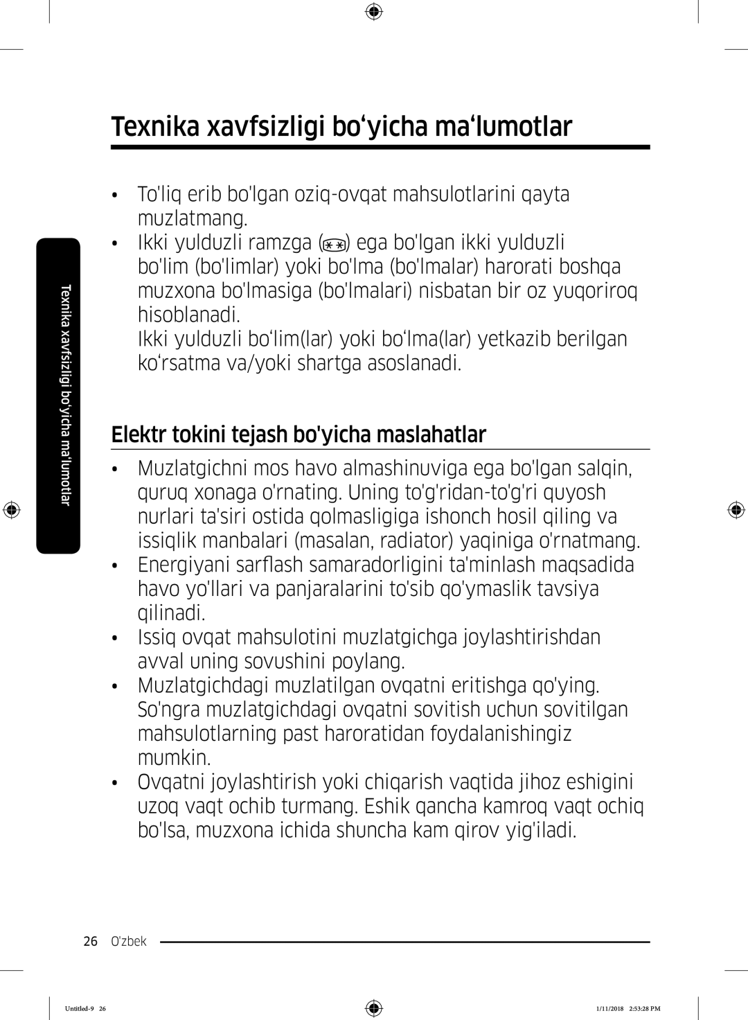 Samsung RT43K6000EF/WT, RT46K6360EF/WT, RT53K6340UT/WT, RT46K6360SL/WT manual Elektr tokini tejash boyicha maslahatlar 