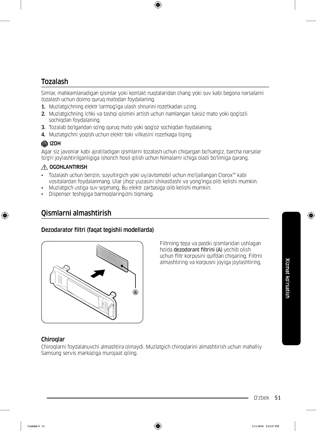 Samsung RT46K6360SL/WT, RT46K6360EF/WT, RT53K6340UT/WT manual Dezodarator filtri faqat tegishli modellarda, Chiroqlar 