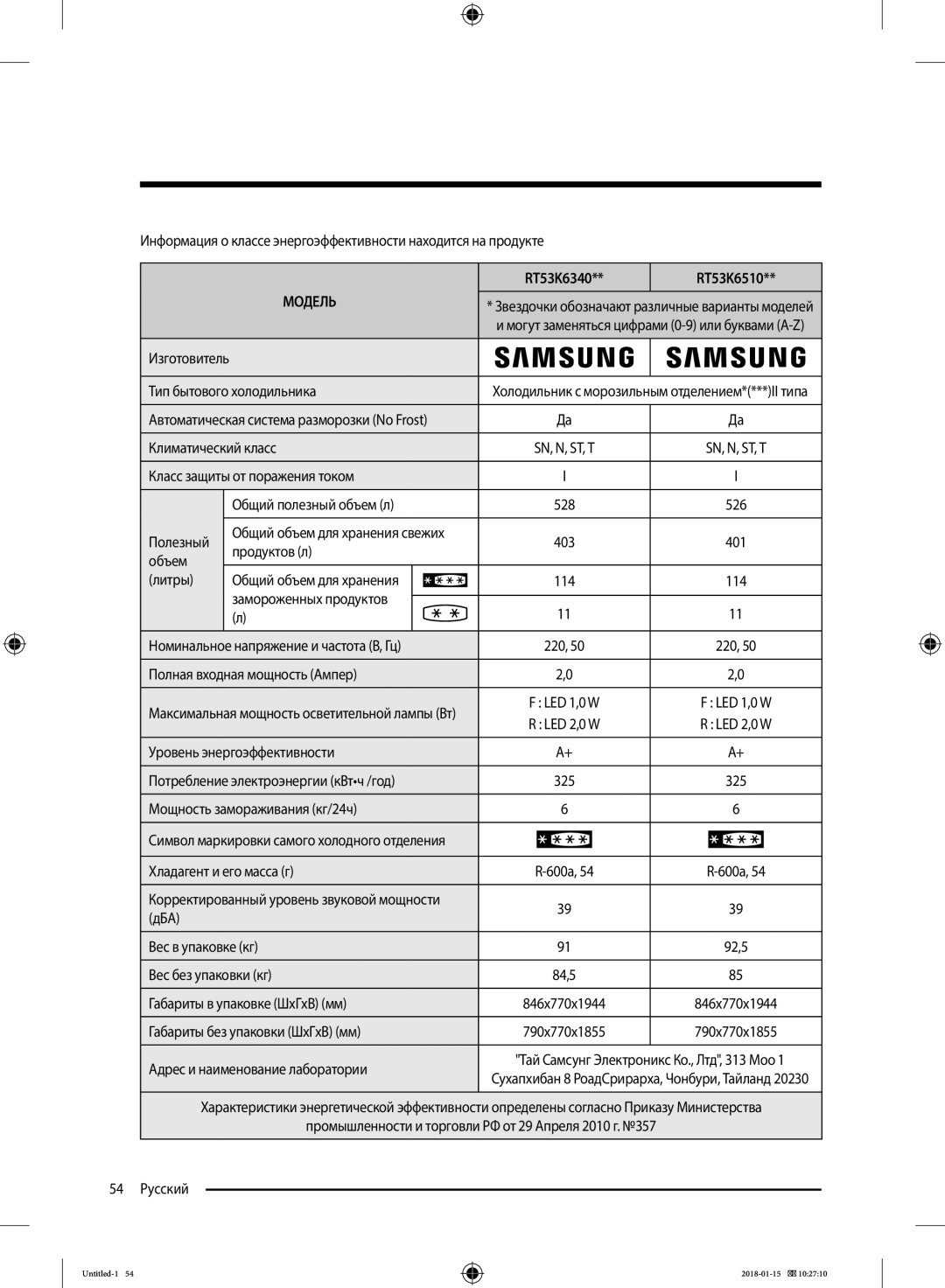 Samsung RT46K6360EF/WT, RT53K6340UT/WT, RT43K6000EF/WT, RT46K6360SL/WT, RT43K6360WW/WT manual ДБА Вес в упаковке кг, 54 Русский 