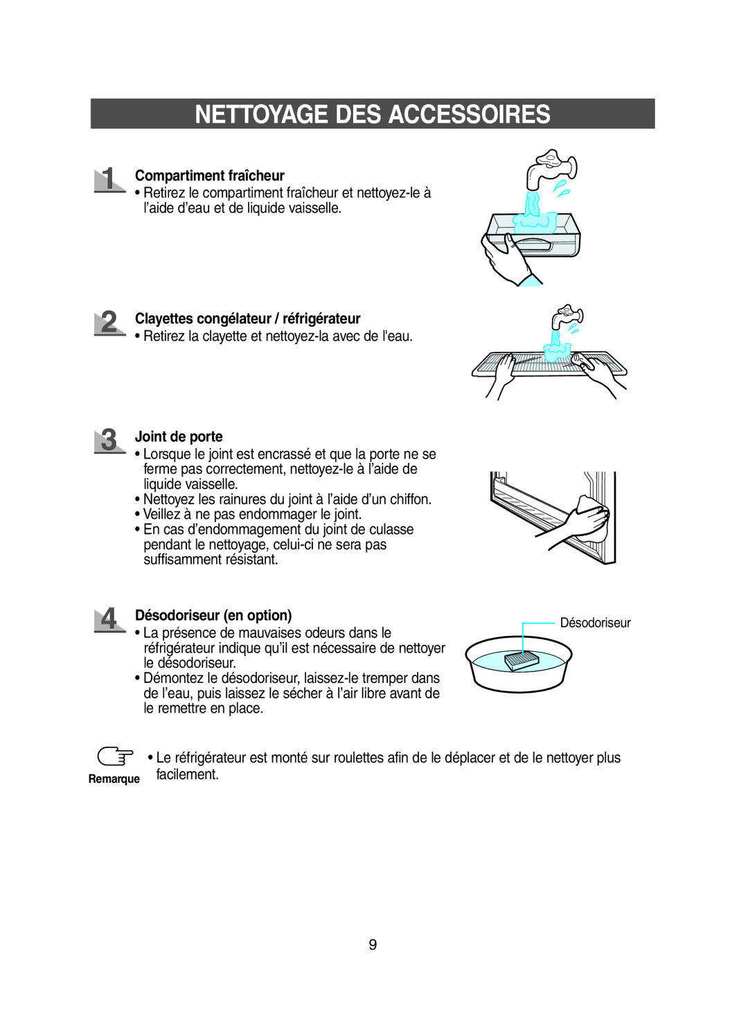 Samsung RT49MASW1/XEF manual Nettoyage DES Accessoires, Compartiment fraîcheur, Clayettes congélateur / réfrigérateur 