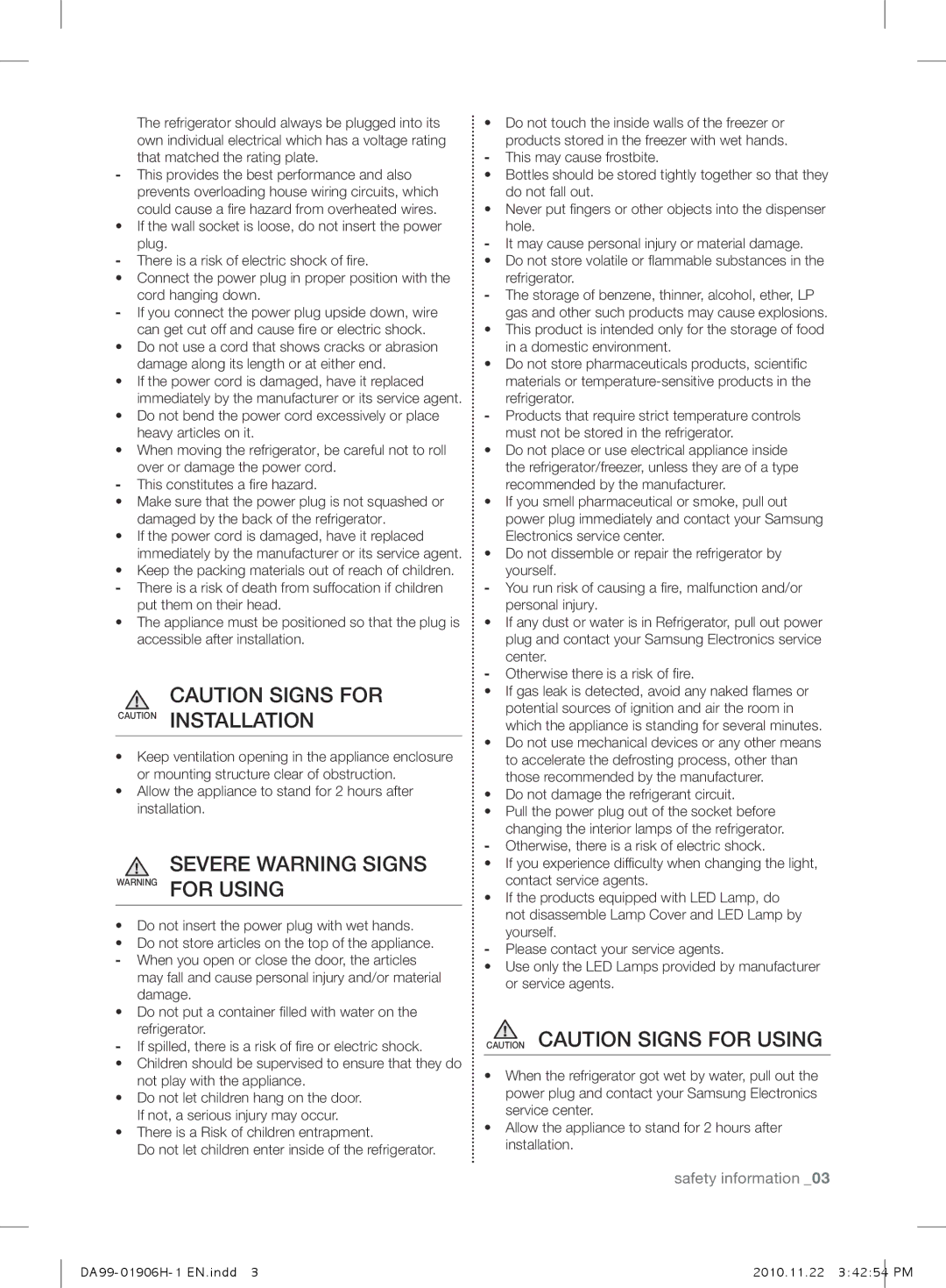 Samsung RT59NBPN1/XEF SEVErE warning signs Warning for using, Allow the appliance to stand for 2 hours after installation 