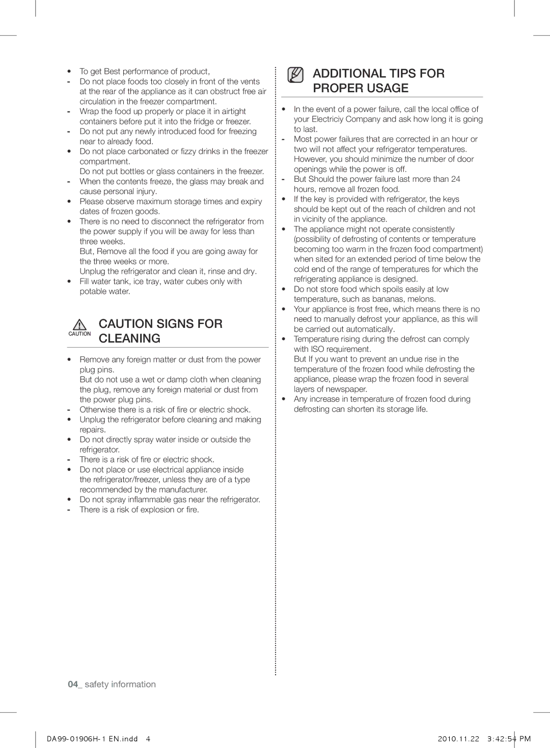 Samsung RT50QMSW1/XEF, RT50FMSW1/XEF, RT59PMSW1/XEF ADDitionaL tiPs for ProPEr usagE, To get Best performance of product 