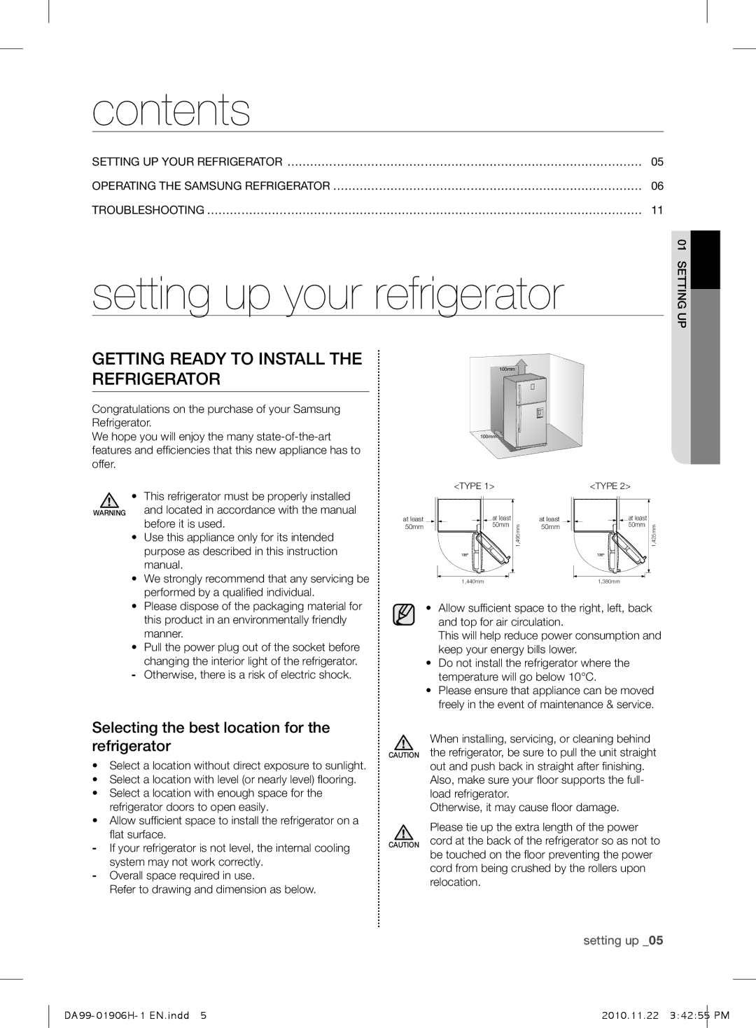 Samsung RT50QBPN1/XEF, RT50FMSW1/XEF, RT59PMSW1/XEF, RT59PBPN1/XEF, RT59NBPN1/XEF manual Contents, Setting up your refrigerator 