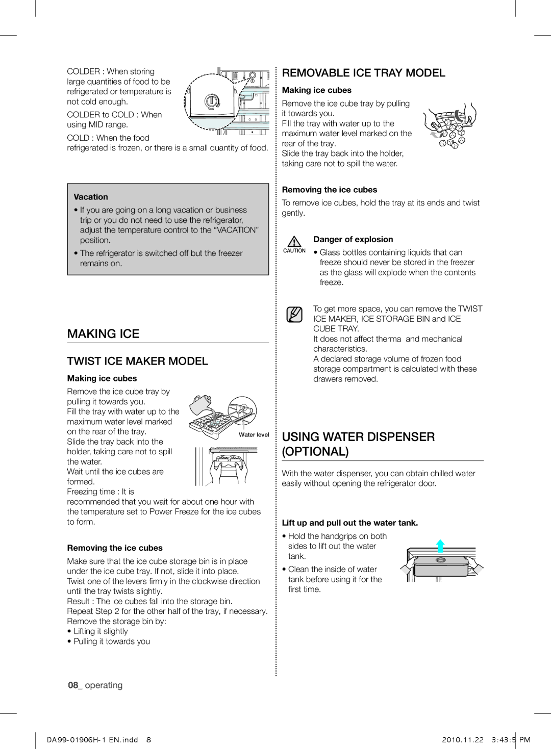 Samsung RT54QBPN1/XEF, RT50FMSW1/XEF, RT59PMSW1/XEF manual MaKing iCE, Using watEr DisPEnsEr oPtionaL, Colder When storing 