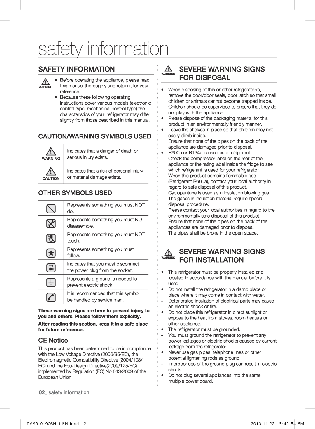 Samsung RT59PBPN1/XEF, RT50FMSW1/XEF safety information, Safety Information, sEVErE warning signs WARNING for DisPosaL 