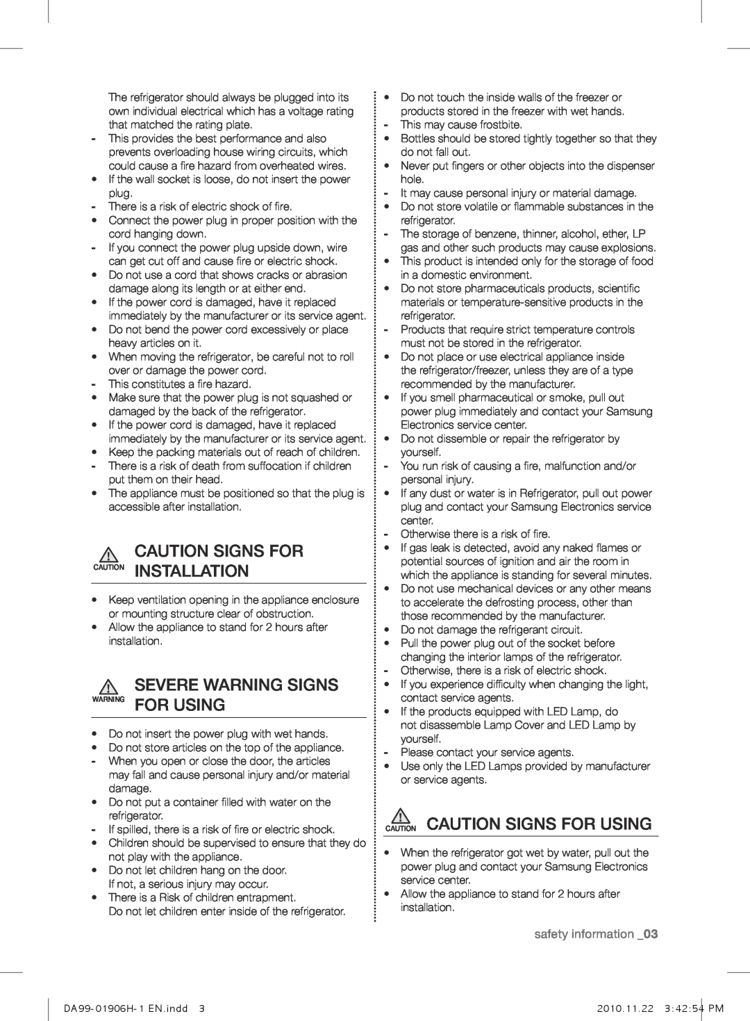 Samsung RT59NBPN1/XEF Caution signs for CAUTION instaLLation, sEVErE warning signs WARNING for using, safety information 