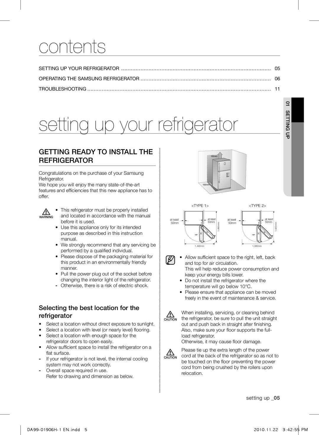 Samsung RT50QBPN1/XEF, RT50FMSW1/XEF contents, setting up your refrigerator, gEtting rEaDy to instaLL tHE rEfrigErator 