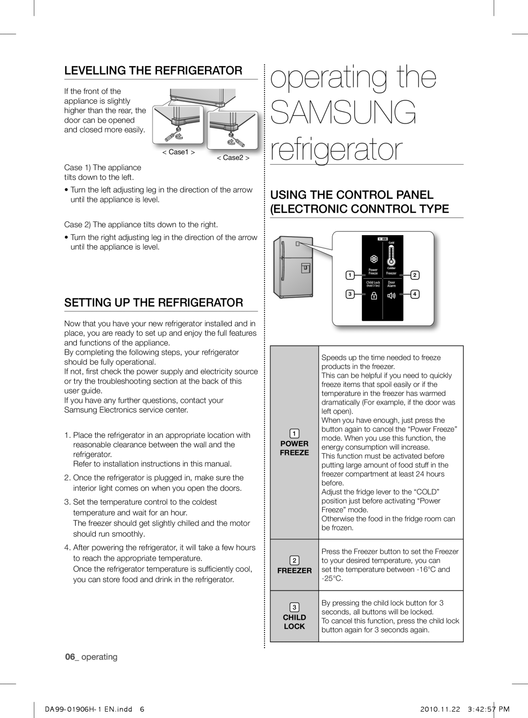 Samsung RT63PBPN1/XEF manual operating the, LEVELLing tHE rEfrigErator, sEtting uP tHE rEfrigErator, SAMSUNG refrigerator 
