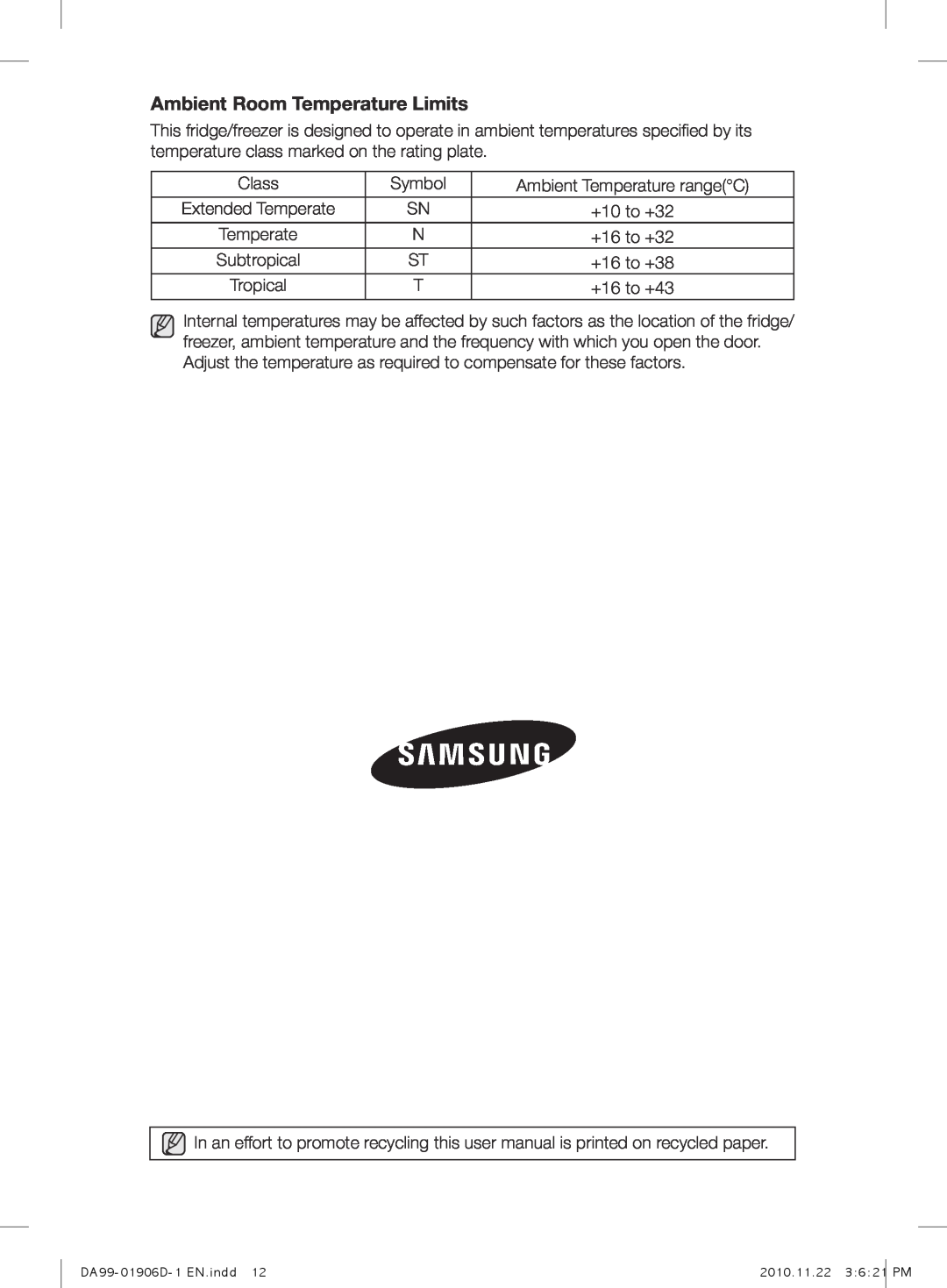 Samsung RT59FBPN1/XMA, RT50FMSW1/XEF, RT59PMSW1/XEF, RT59PBPN1/XEF, RT59NBPN1/XEF manual Ambient Room Temperature Limits 
