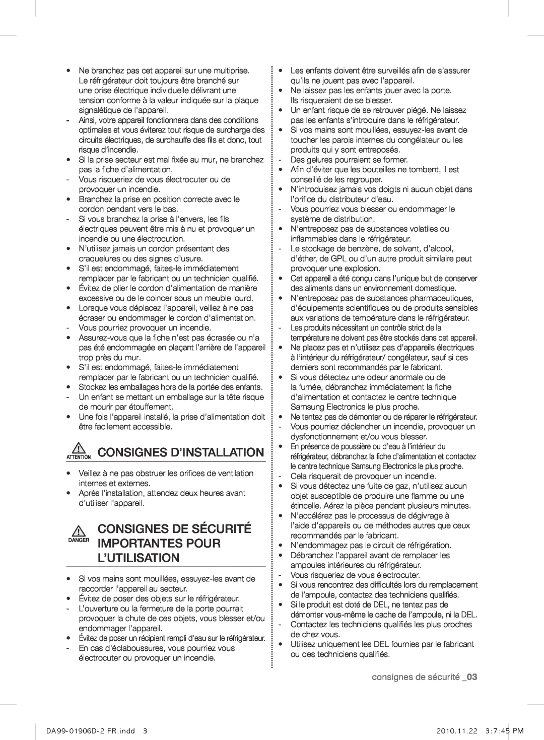 Samsung RT59QBPN1/XES Attention Consignes D’Installation, Consignes De Sécurité Danger Importantes Pour L’Utilisation 