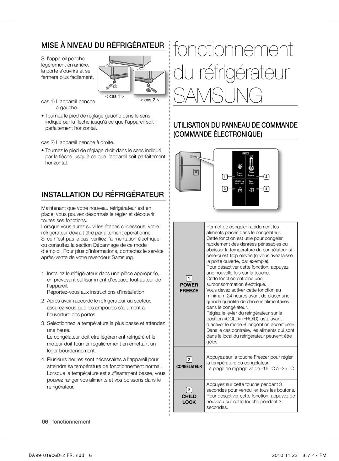 Samsung RT50QBVB1/XES manual Samsung, MISE à NIVEAU DU RÉFRIGÉRATEUR, Installation Du Réfrigérateur, fonctionnement 