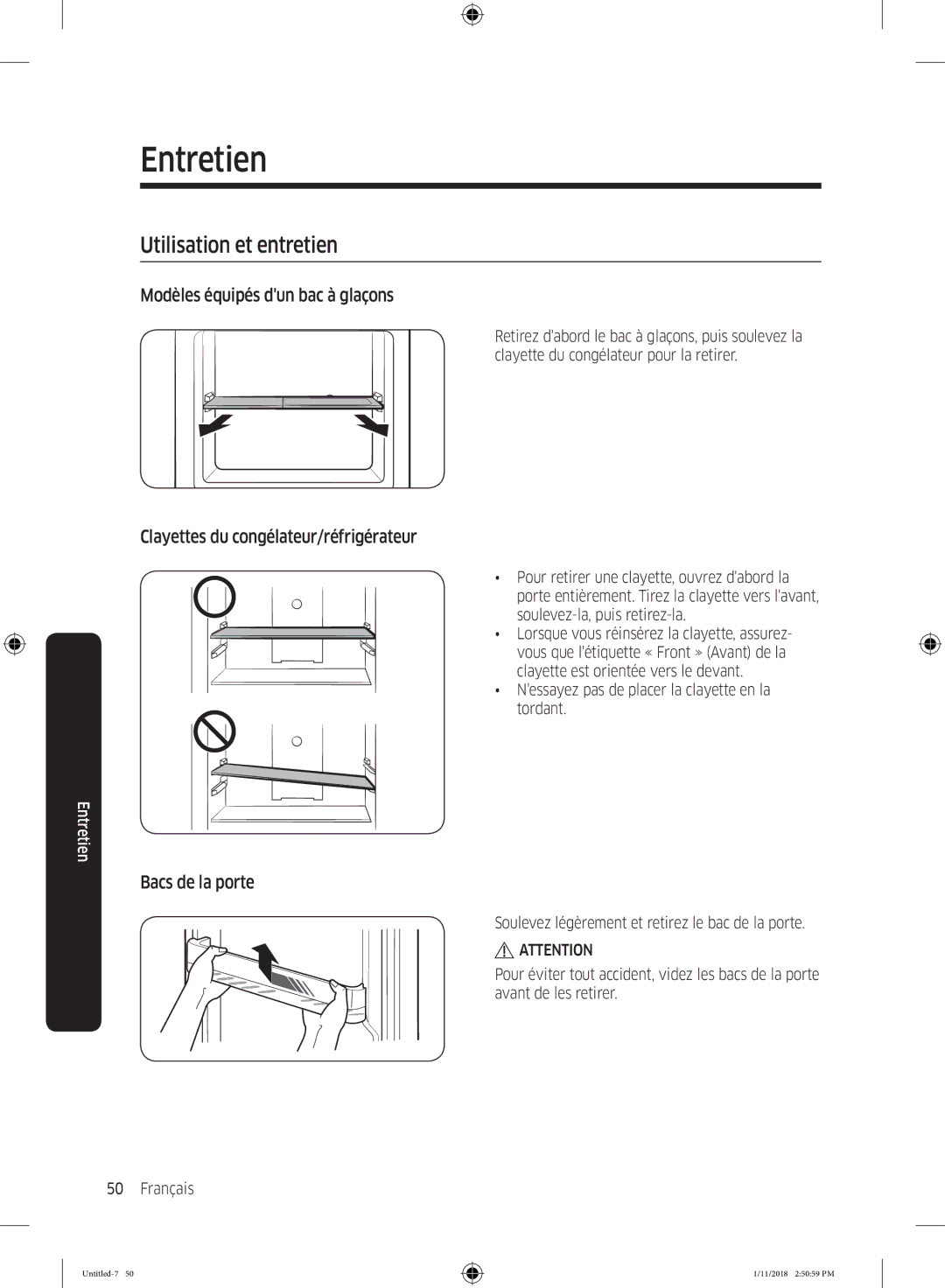 Samsung RT43K6300WW/ZA Utilisation et entretien, Modèles équipés dun bac à glaçons, Clayettes du congélateur/réfrigérateur 