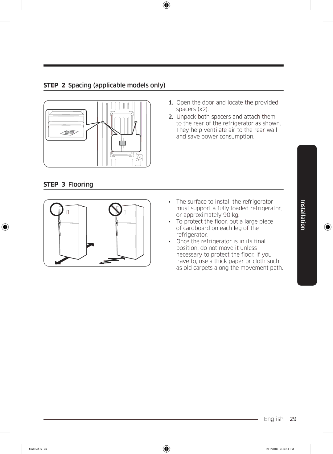 Samsung RT43K6030SP/MA, RT50K6360SP/SG, RT46K6030S8/SG, RT53K6540SL/ES manual Spacing applicable models only, Flooring 