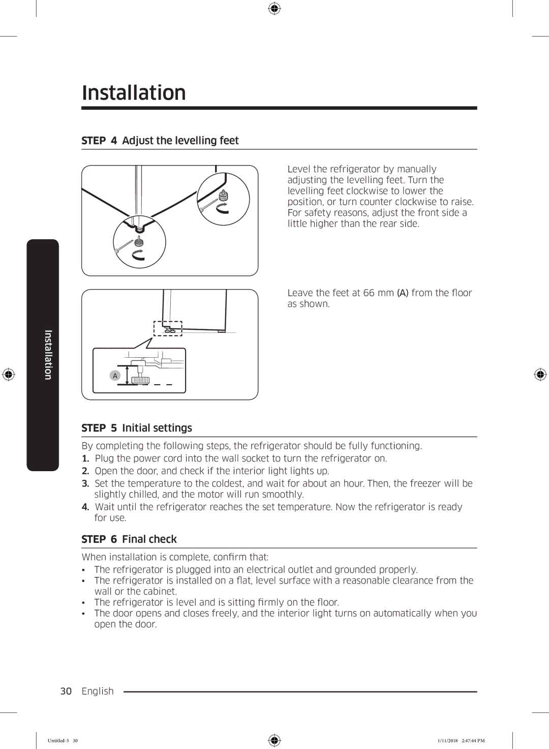 Samsung RT50K6330WW/ZA, RT50K6360SP/SG, RT46K6030S8/SG manual Adjust the levelling feet, Initial settings, Final check 