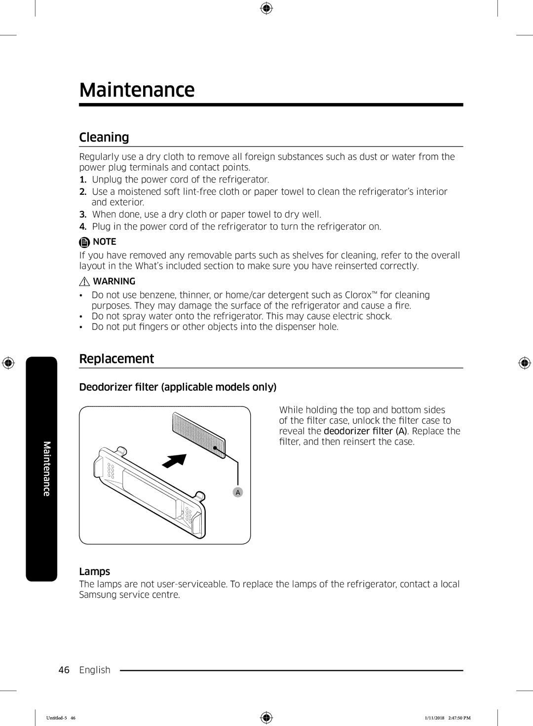 Samsung RT46K6300WW/ZA, RT50K6360SP/SG manual Cleaning, Replacement, Deodorizer filter applicable models only, Lamps 