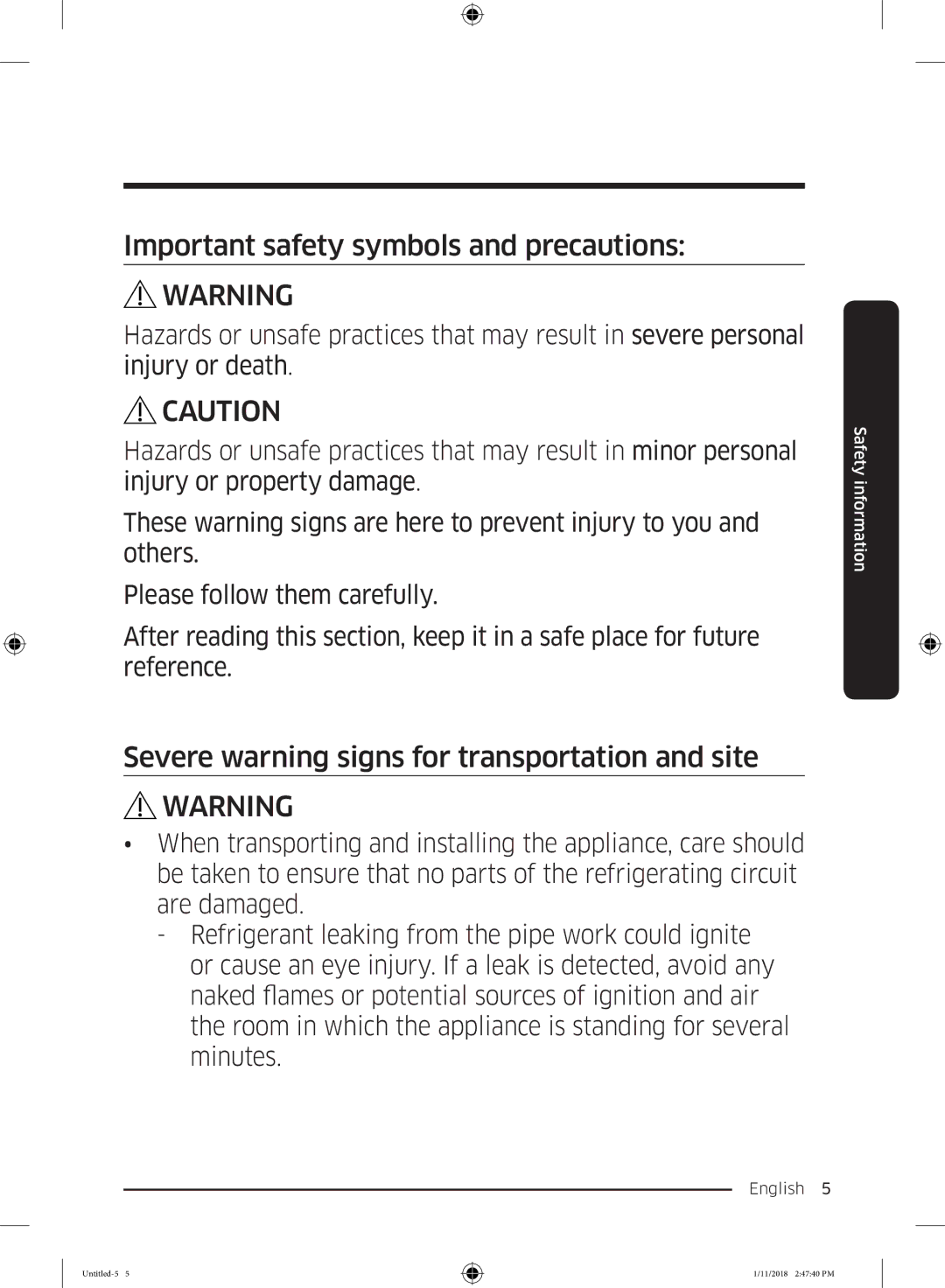 Samsung RT53K6550SL/ZA manual Important safety symbols and precautions, Severe warning signs for transportation and site 