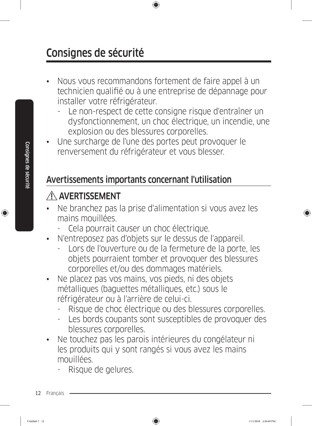 Samsung RT50K6370SL/ZA, RT50K6360SP/SG, RT46K6030S8/SG, RT53K6540SL/ES Avertissements importants concernant lutilisation 