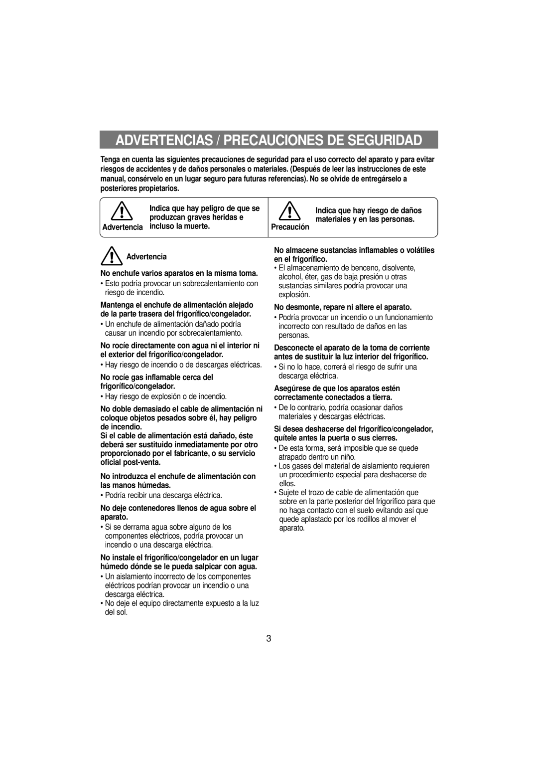 Samsung RT53EAMT1/XES No rocíe gas inflamable cerca del frigorífico/congelador, No desmonte, repare ni altere el aparato 