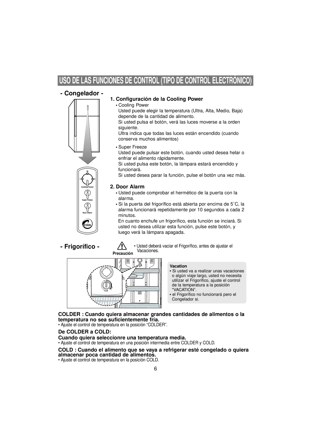 Samsung RT53EAMT1/XEF, RT53EAMT1/XES manual Configuración de la Cooling Power, Door Alarm, Vacaciones 