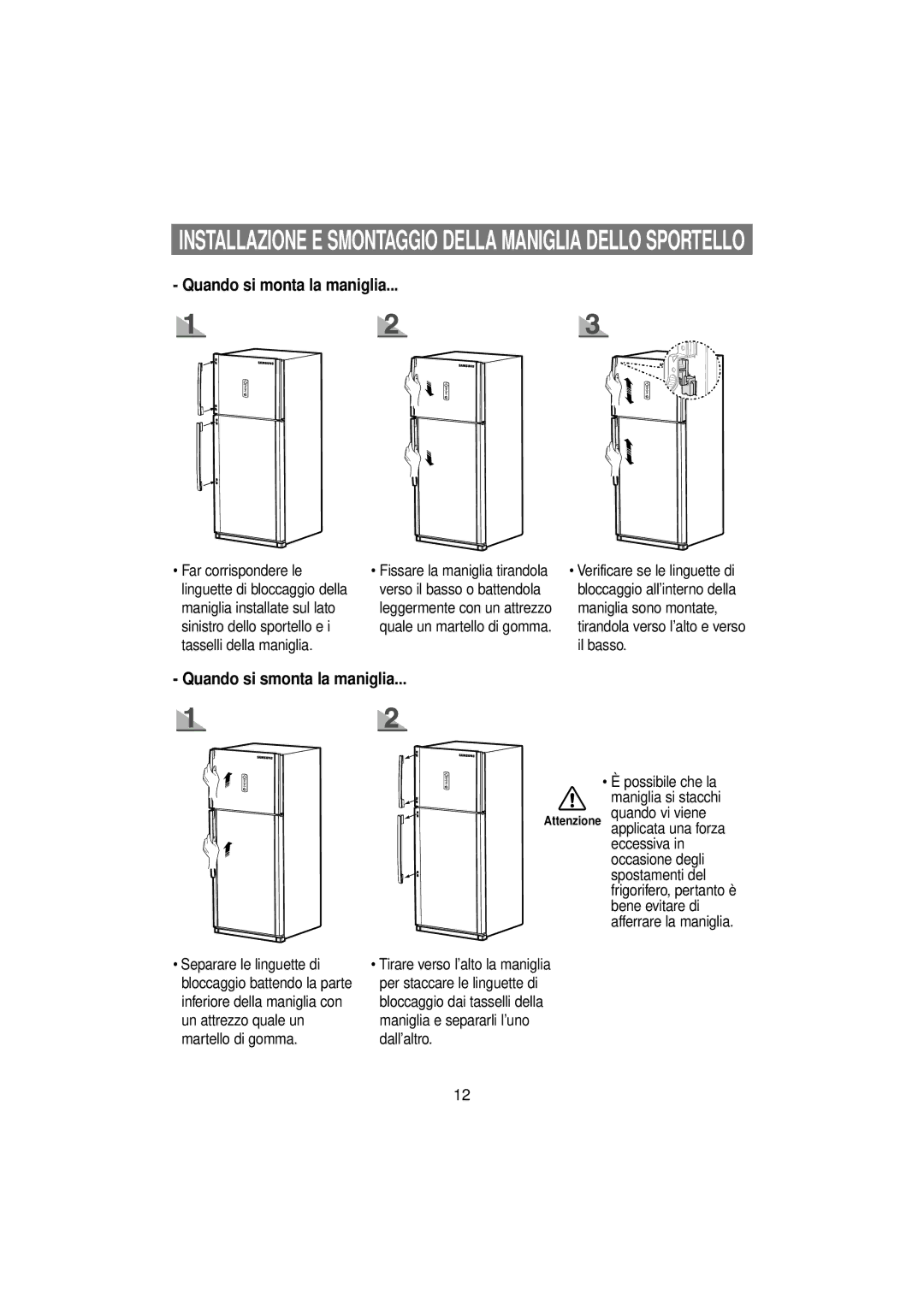 Samsung RT53EANB1/XET, RT53EATG1/XET, RT53ECMT1/XET, RT53ECSM1/XET Installazione E Smontaggio Della Maniglia Dello Sportello 