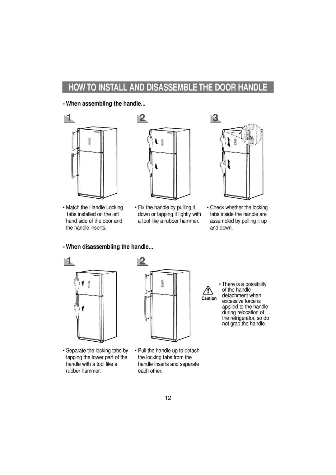 Samsung RT53EANB1/XET, RT53EATG1/XET, RT53ECMT1/XET, RT53ECSM1/XET manual HOW to Install and Disassemble the Door Handle 