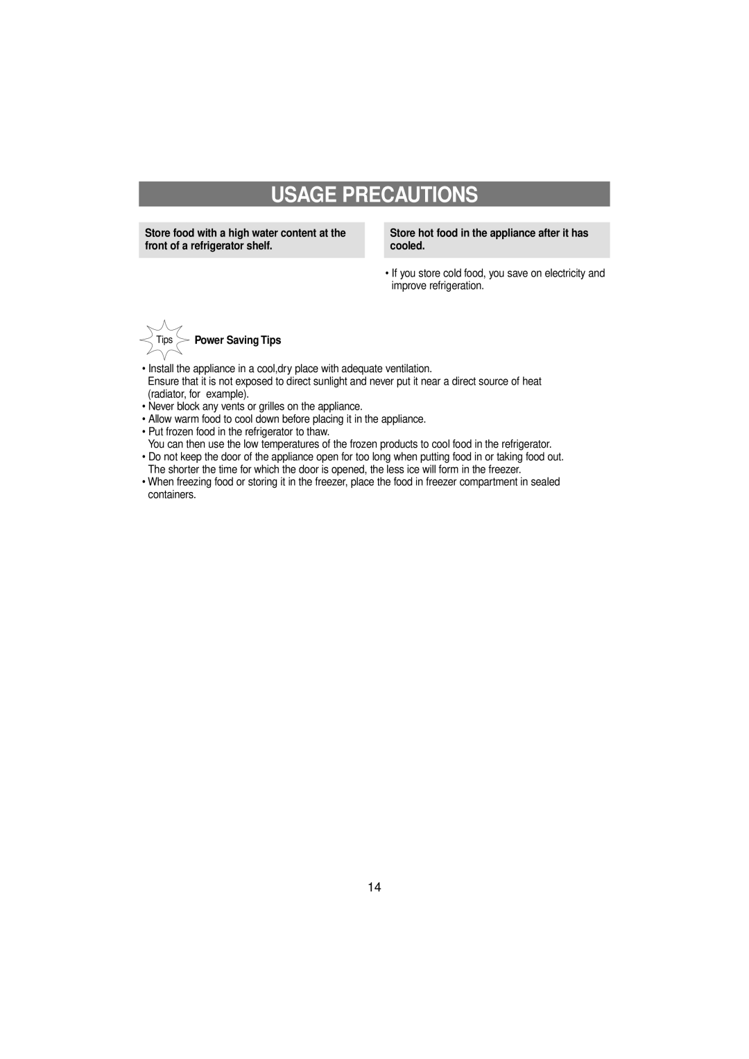 Samsung RT53ECMT1/XET, RT53EANB1/XET, RT53EATG1/XET, RT53ECSM1/XET manual Usage Precautions, Tips Power Saving Tips 