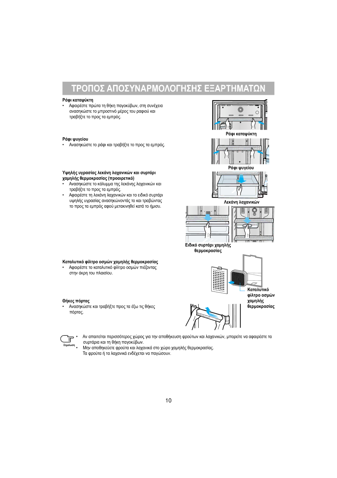 Samsung RT53EASM1/EUR, RT53EASW1/EUR manual Τροποσ Αποσυναρμολογησησ Εξαρτηματων, Ράφι καταψύκτη, Ράφι ψυγείου, Θήκες πόρτας 