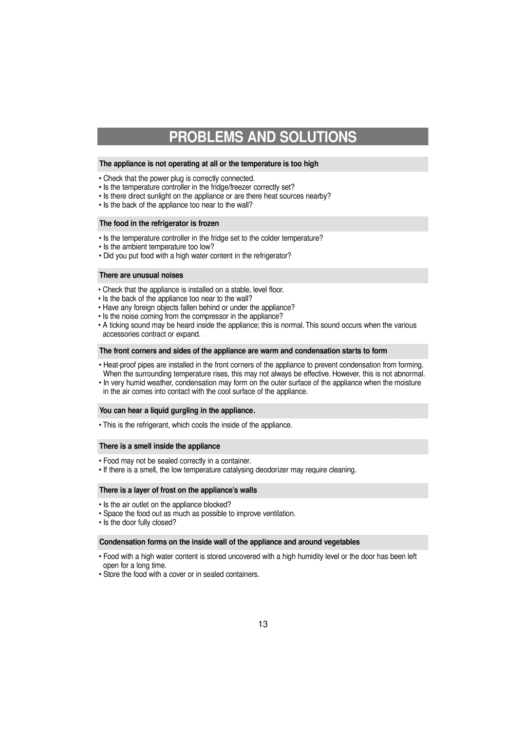 Samsung RT53EASW1/EUR, RT53EASM1/EUR manual Problems and Solutions 