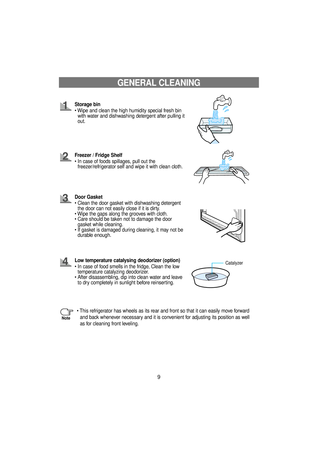 Samsung RT53EASW1/EUR, RT53EASM1/EUR manual General Cleaning, Storage bin, Freezer / Fridge Shelf, Door Gasket 