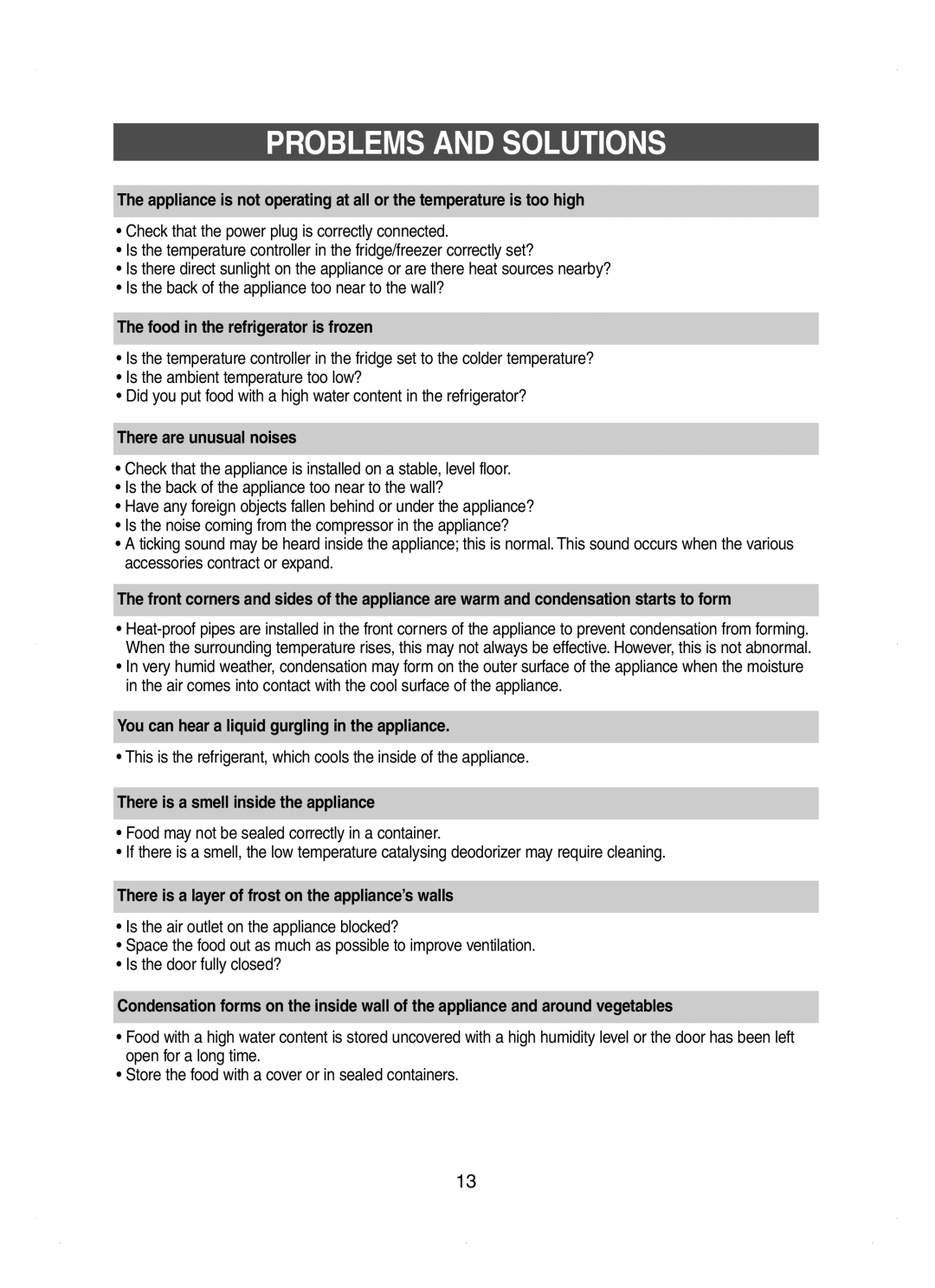 Samsung RT53EASM1/XEH manual Problems and Solutions 