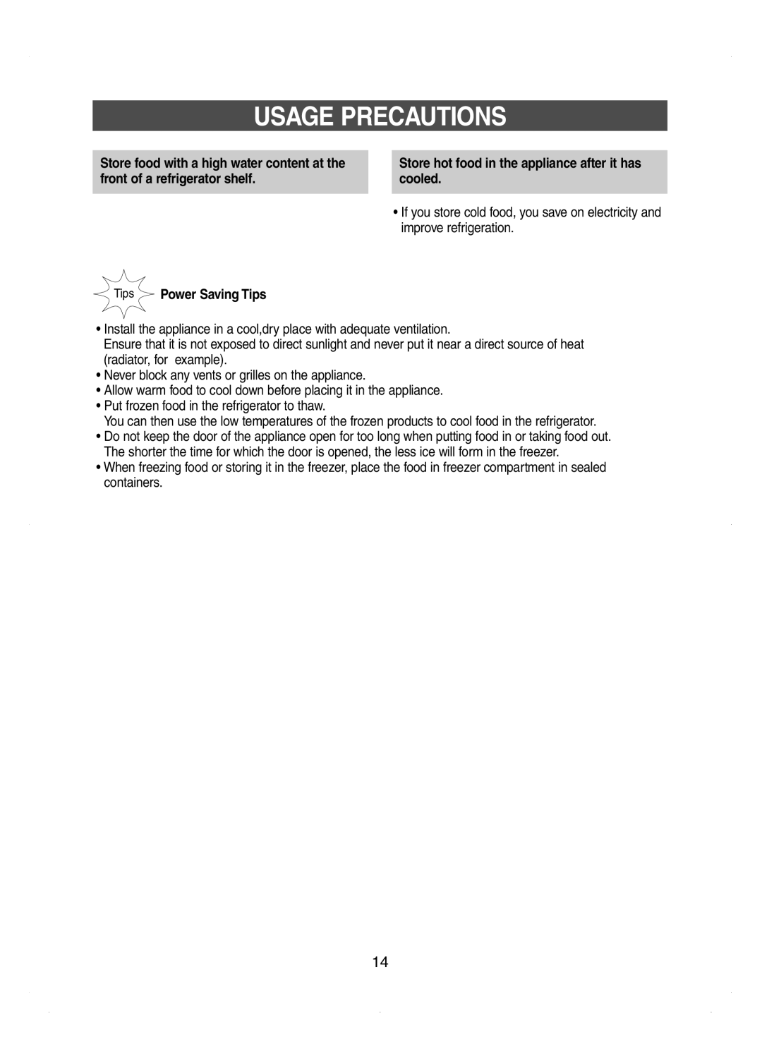 Samsung RT53EASM1/XEH manual Usage Precautions, Tips Power Saving Tips 