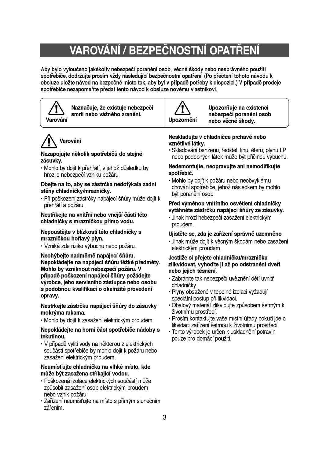 Samsung RT53EASM1/XEH manual Varování / Bezpečnostní OPAT¤ENÍ 