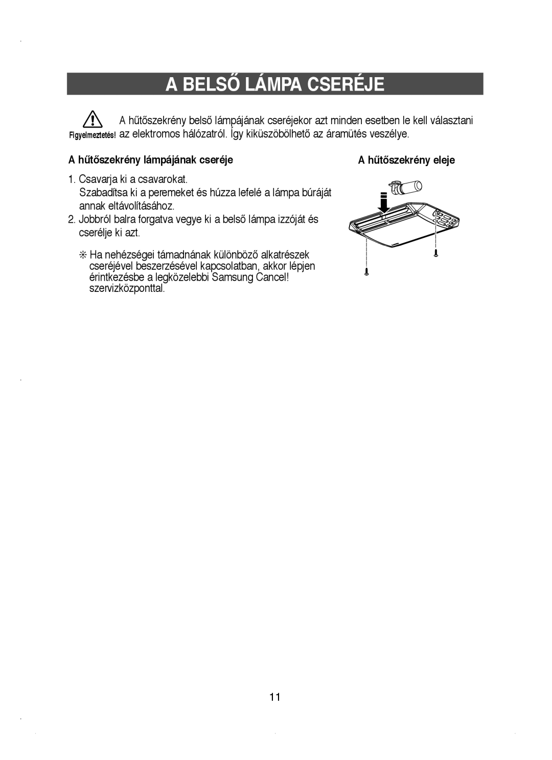 Samsung RT53EASM1/XEH manual Belsã Lámpa Cseréje, HtŒszekrény lámpájának cseréje 