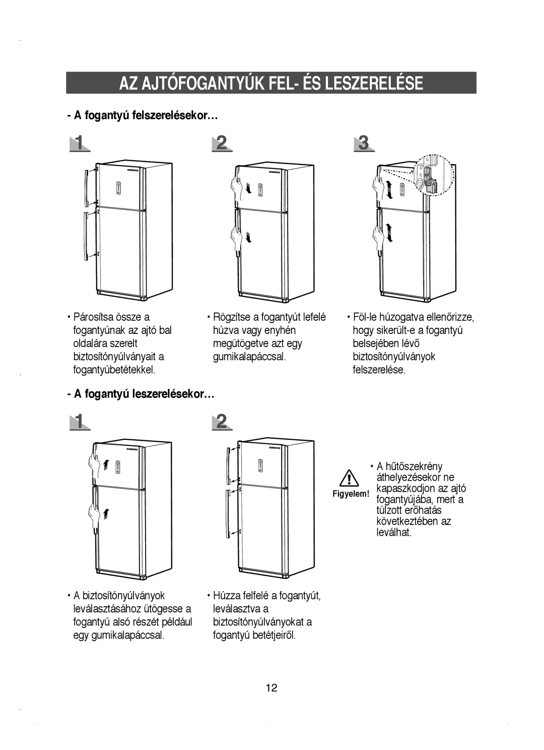 Samsung RT53EASM1/XEH manual AZ Ajtófogantyúk FEL- ÉS Leszerelése 