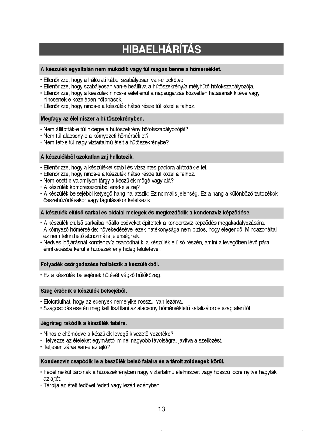 Samsung RT53EASM1/XEH manual Hibaelhárítás 